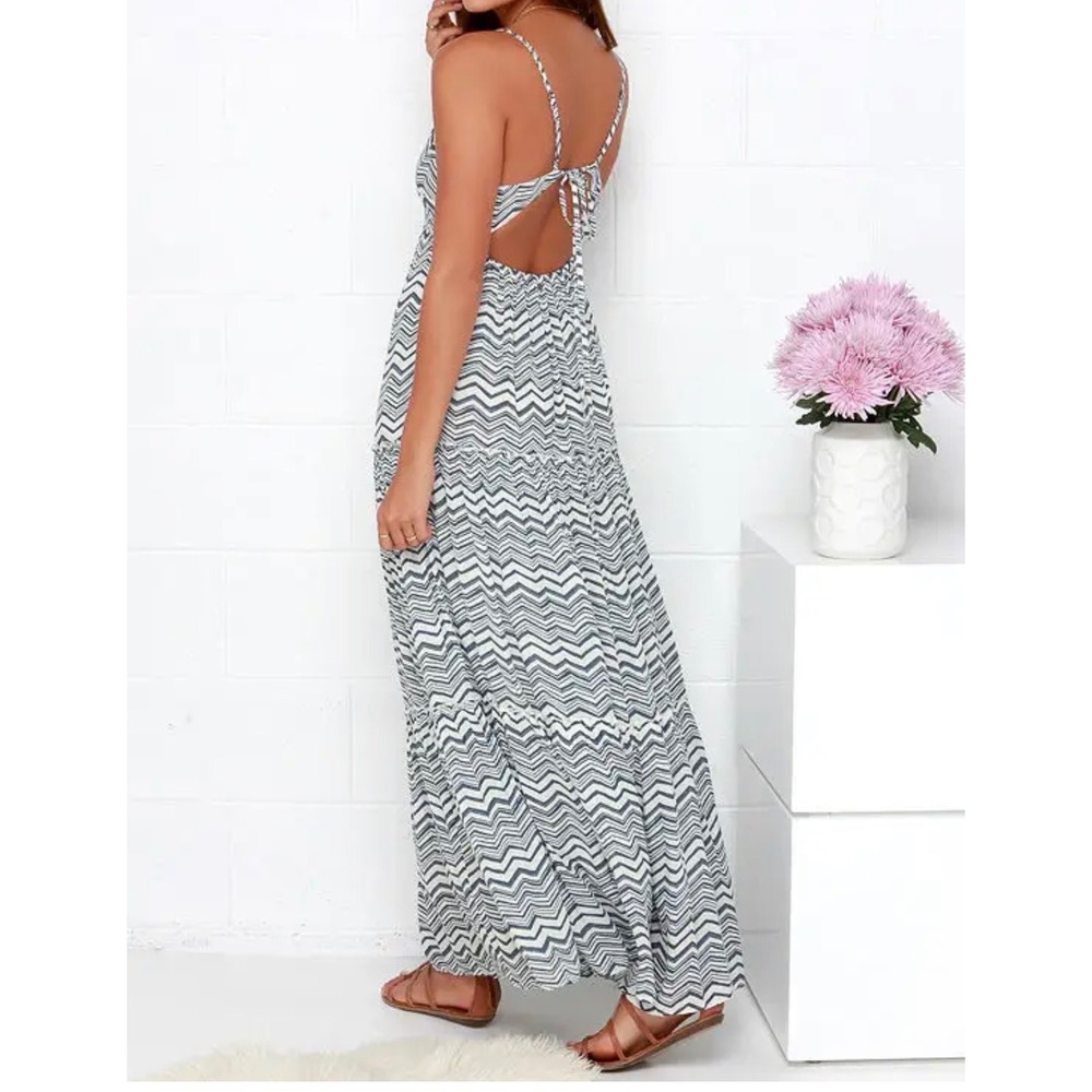 Billabong Sun Lovin Slate Blue Chevron Maxi Dress Empire Waist Spaghetti Strap L - Picture 16 of 16